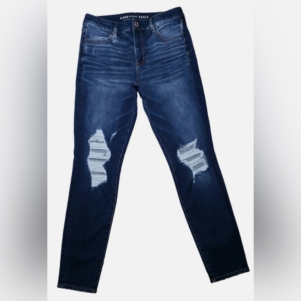 American Eagle Outfitters Dark Blue Distressed Hi-Rise Jeggings Size 10
